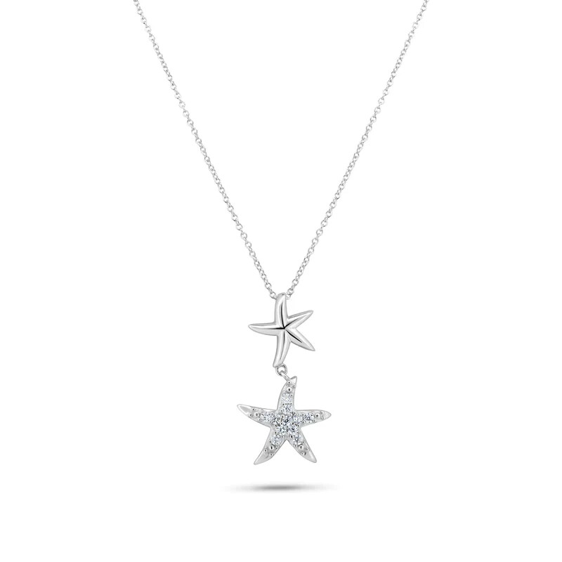 Double starfish necklace pendant simulated diamonds 925 sterling silver