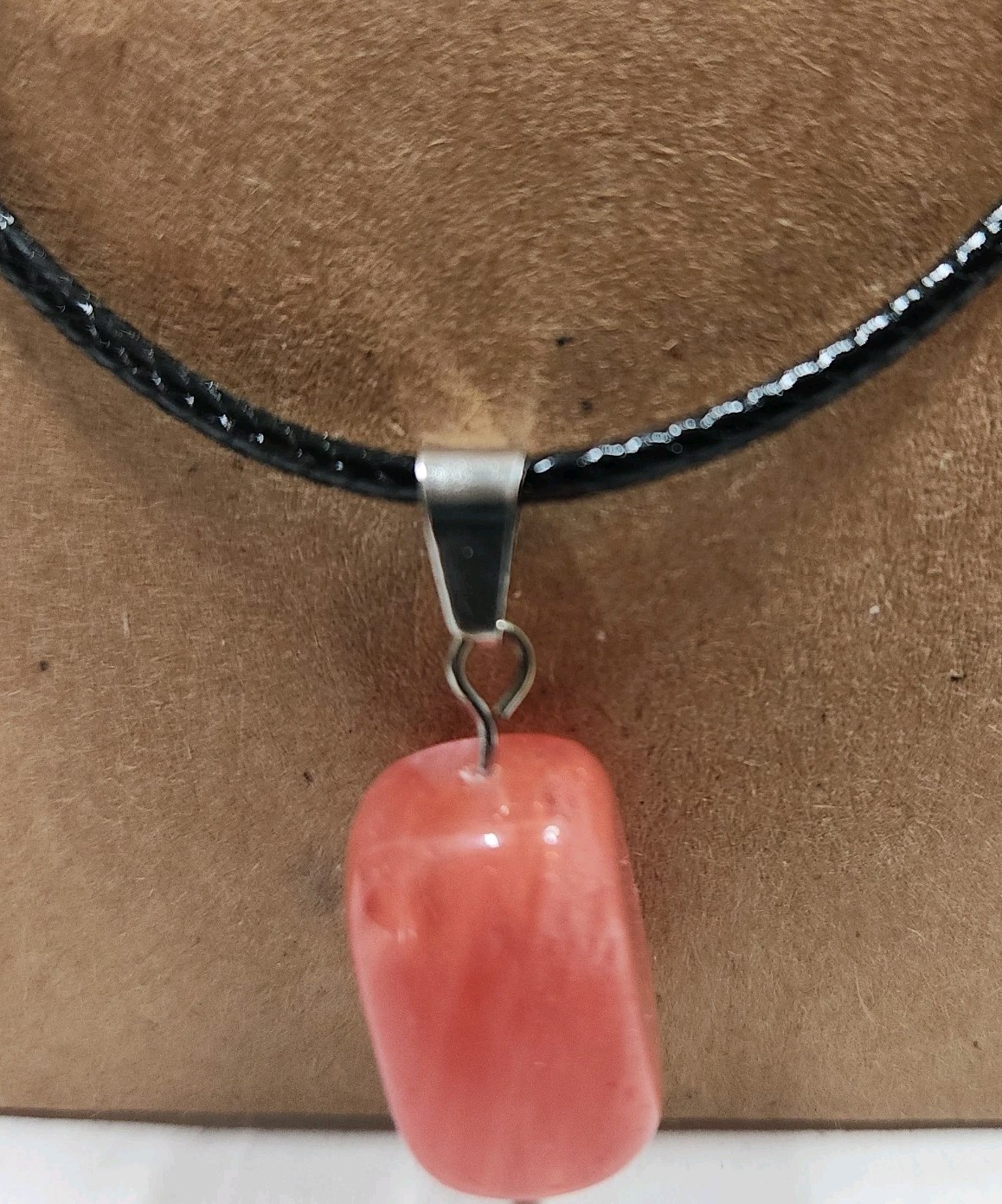 Tumbled Stone Pendant Necklace, Faux Leather Cord, 16″ W/ 2″ Extender