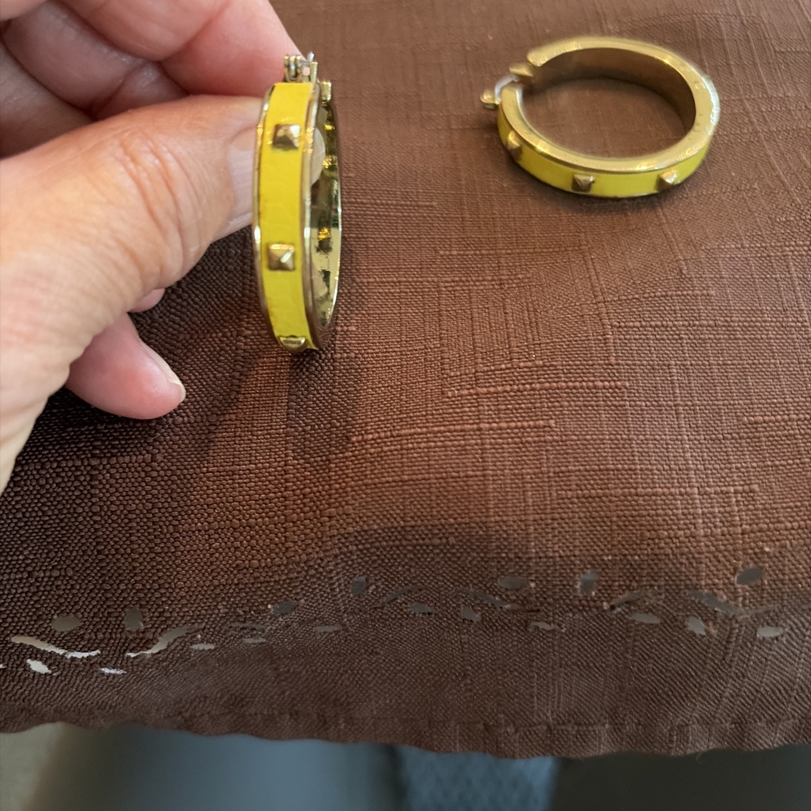 Yellow Enameled Gold Tone Hoop Dangle Earrings with stud accents, Branded LC