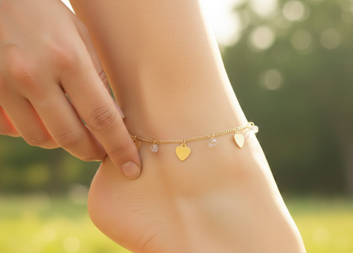 18K Gold Plated Heart & Clear Topaz Anklet | Designer Sparkling CZ Bead Jewelry