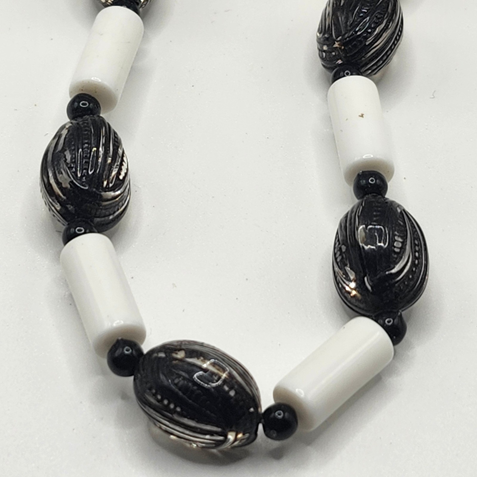 Vintage Black and White Beaded Necklace Long Strand Art Deco Style Jewelry