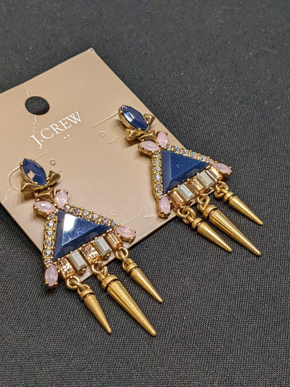 J.Crew Statement Earrings Blue Pink Crystal Spike Dangle Gold Tone C7865 NWT