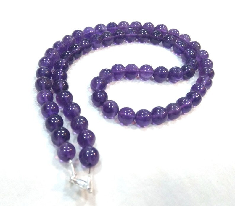 Natural Amethyst Smooth Round Gemstone Beaded February Birthstone Necklaces 24”