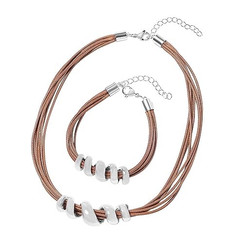 Beige Faux Leather Cord Stainless Steel Twist Bracelet 7″ and Necklace Set 16″