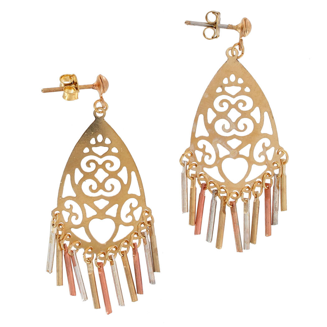 Exotic Tri Tone Gold Silver Copper Chandelier Earrings 1 3/4″