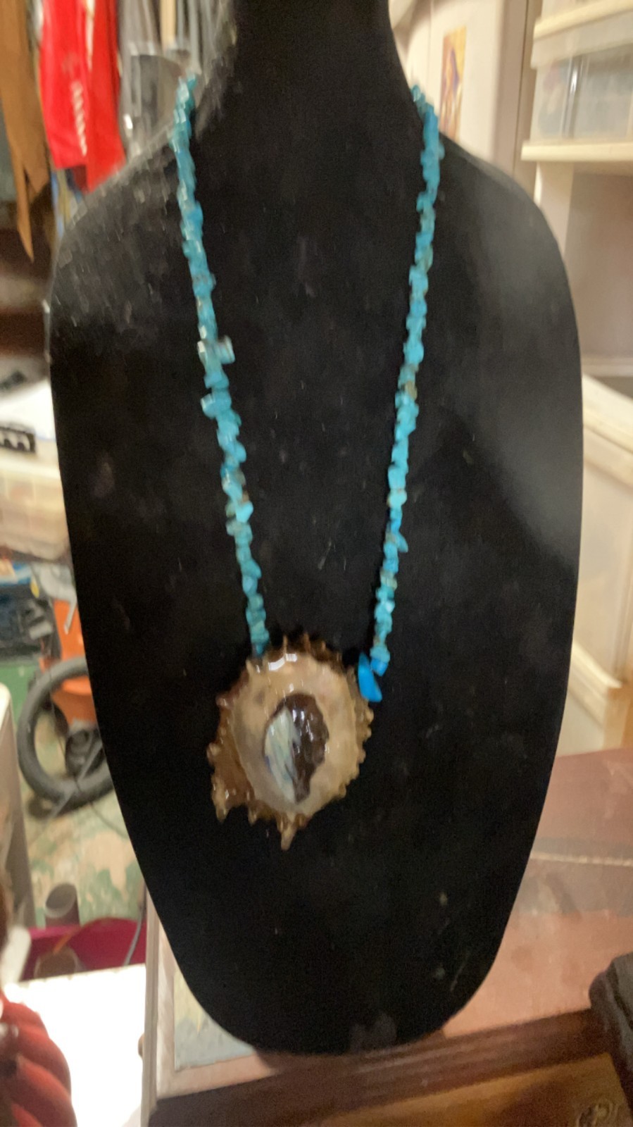 Blue Beaded Necklace Natural Bone Charm Pendant, Beach Theme Brown/White