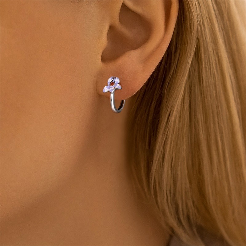PANDACH 925 Sterling Silver Tiny Iris Flower Hoop Earrings Womens Jewelry Gifts