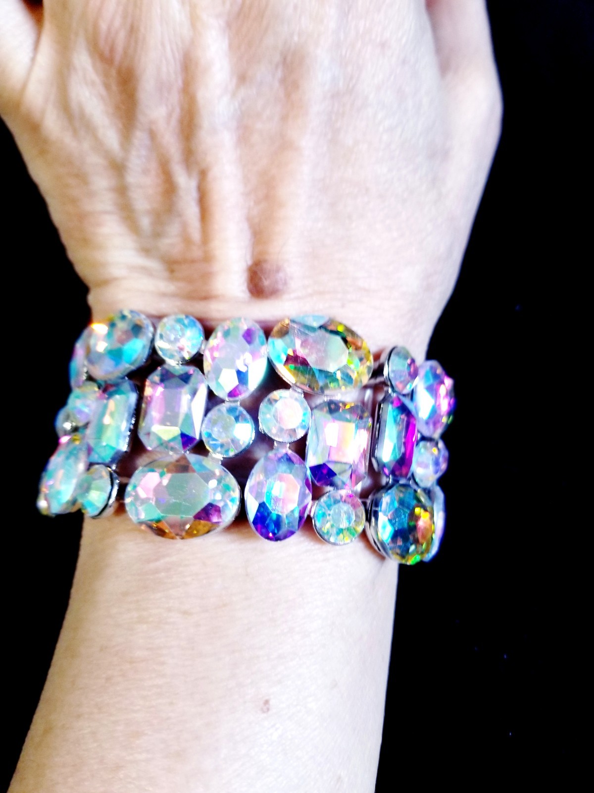 Iridescent Silver Rhinestone Stretch Bracelet Statement Drag Pageant Prom Bridal