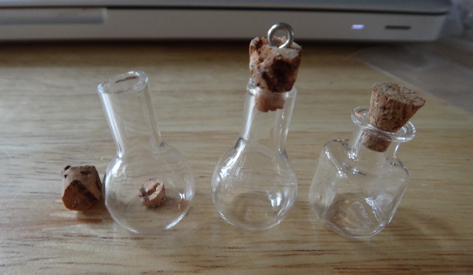 3 Small 36x17mm Glass 2 Round 1 Squared Bottle w/ Cork for TINY Momentos Charm