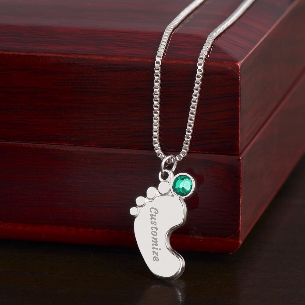 Personalized Engraved Baby Feet Necklace With Birthstone