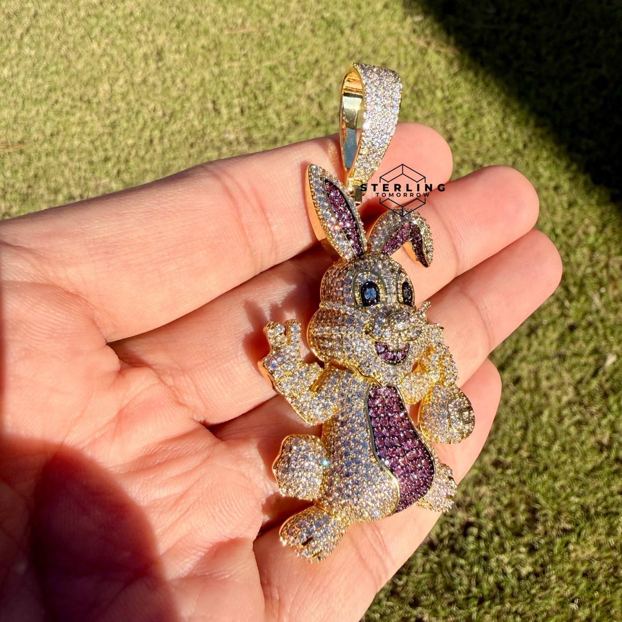 Iced Out Easter Bunny Pendant Purple CZ Gold Hip Hop Rabbit w/ Rope Chain