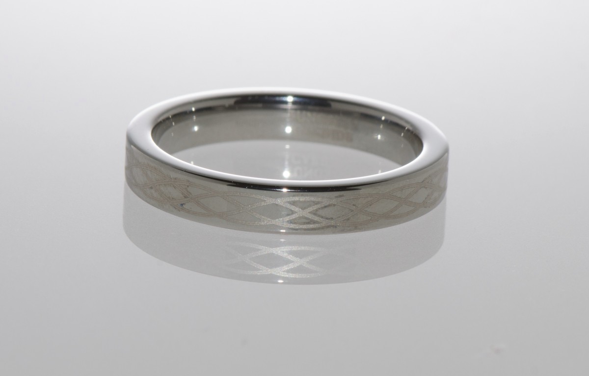 Tungsten Ring 4mm Band Flat Edge Laser Engraved Criss Cross Design