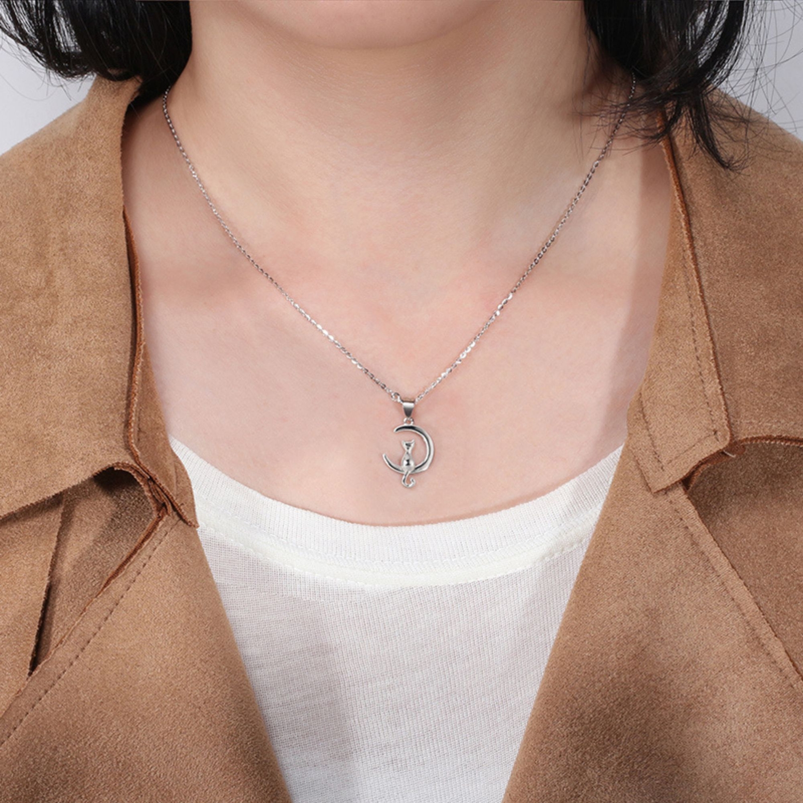 Kitty Cat on Moon Pendant Necklace for Women Sterling Silver Ginger Lyne Coll…