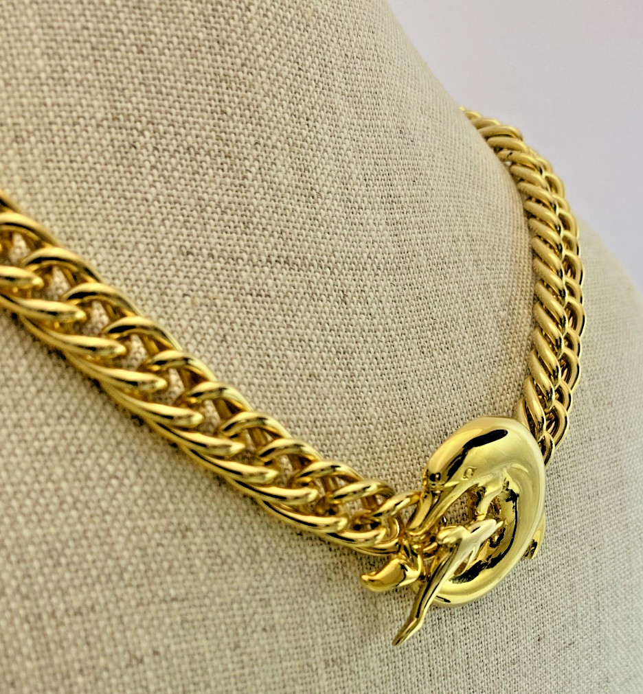 Allison Reed Dolphins Pendant Brooch Necklace Gold Plated 20″ Vintage NOS