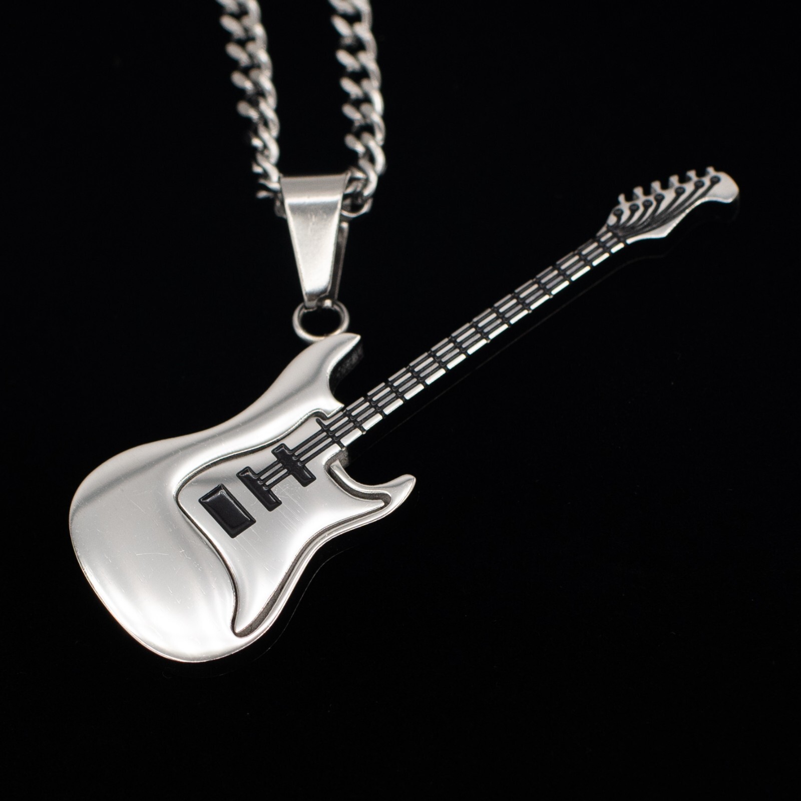 Electric Guitar Pendent Necklace – Silver, Stainless Steel with Chain, Men/Woman