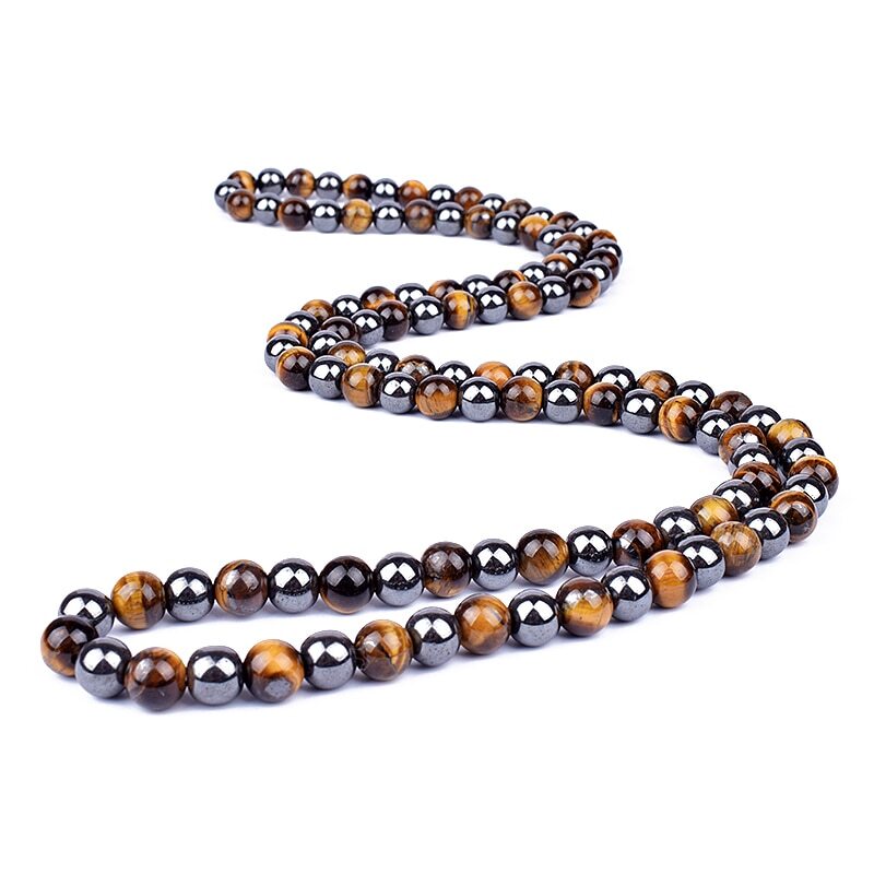 8/10mm Blue Tiger Eye Bead Necklace Hematite Lava Obsidian Triple Necklace 24”