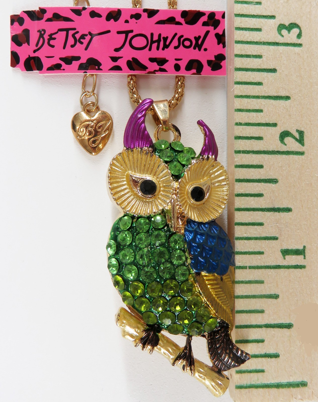 NTW-Betsey Johnson Multi-Color Green Perched 3-D Owl Pendant Goldtone Necklace