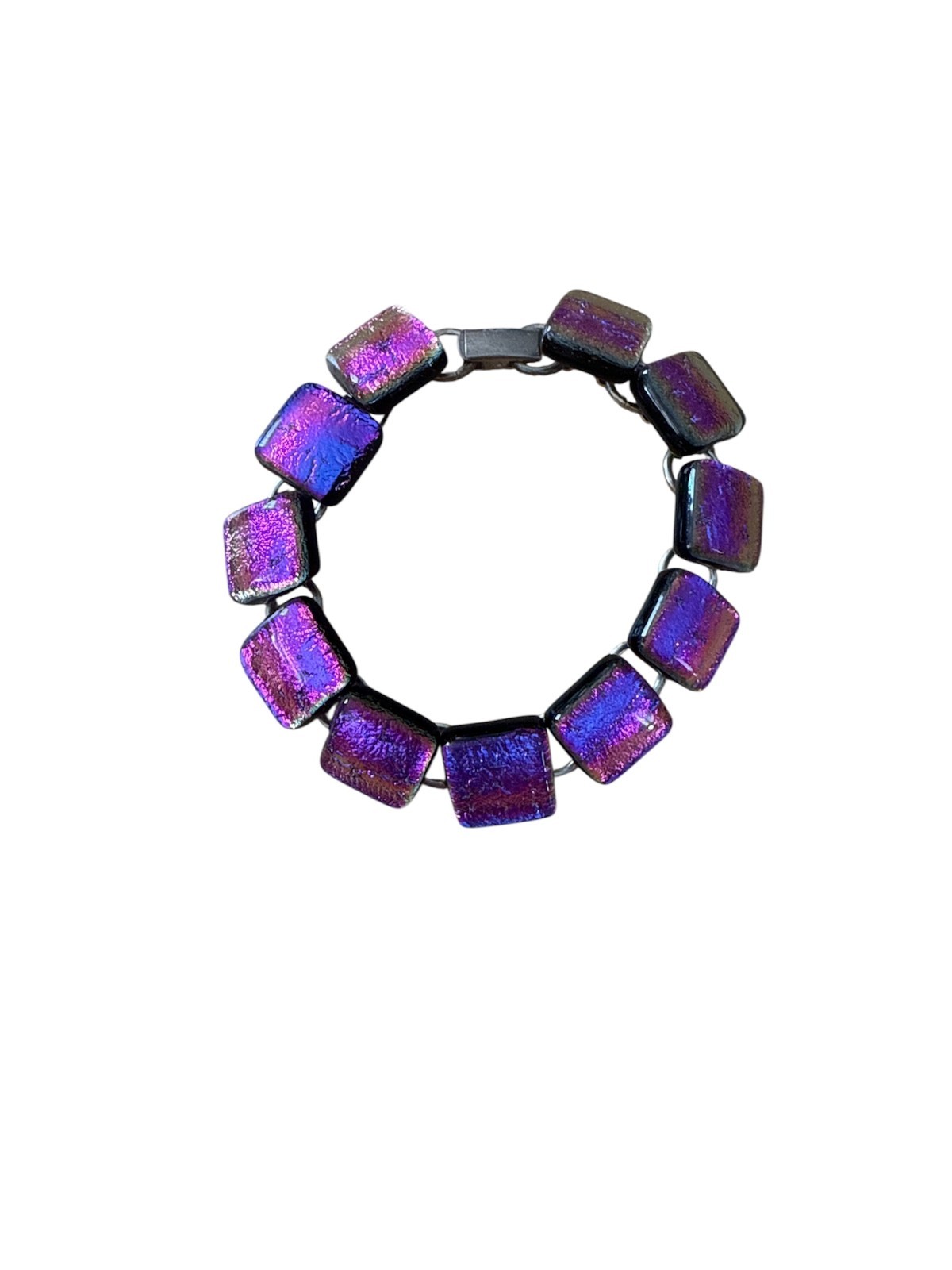 Dichroic Art Glass Link Bracelet 925 Sterling Silver Iridescent Purple Blue Hue