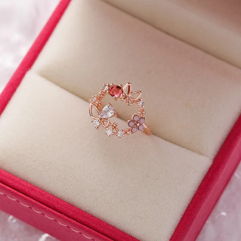 Zircon Heart Ring Tension Setting Rose Gold Plated Cocktail Women Jewelry