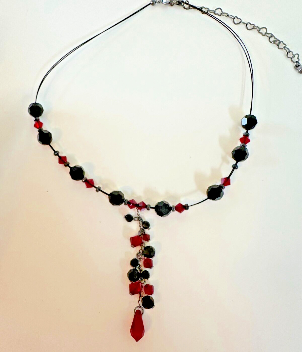 Sterling Silver Wire Necklace Red Grey Glass Bead Faceted Y Drop 12-18 in