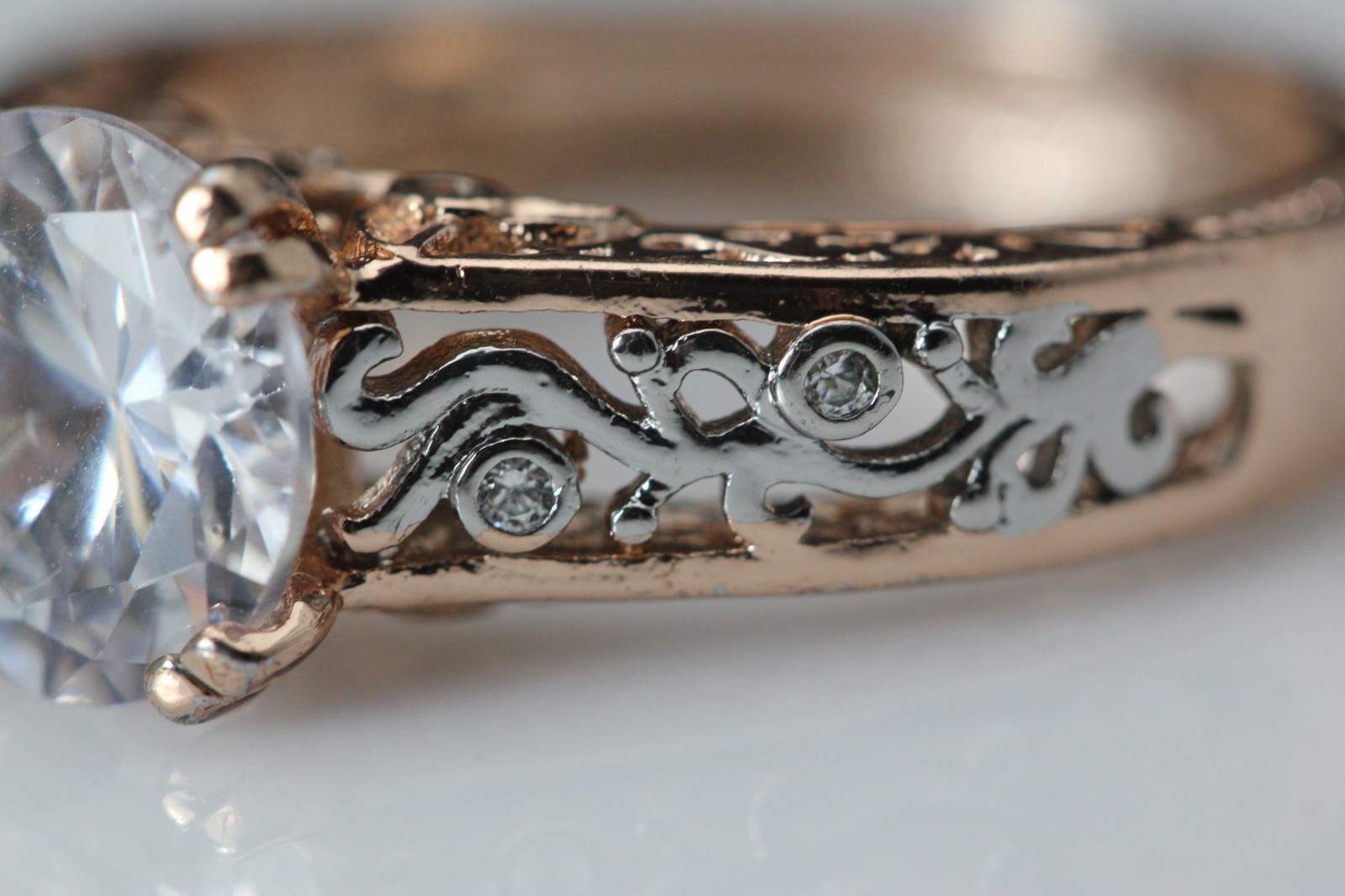 Rose Gold Plated Sterling CZ Filgree Design Size 10.25 Ring 5.8 Grams RIN9781