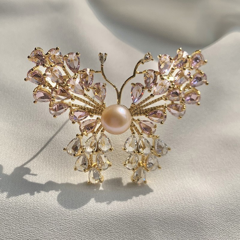 Charming 18K Gold Plating Butterfly Brooch Pin Pink Zircon Crystal Jewelry Gifts