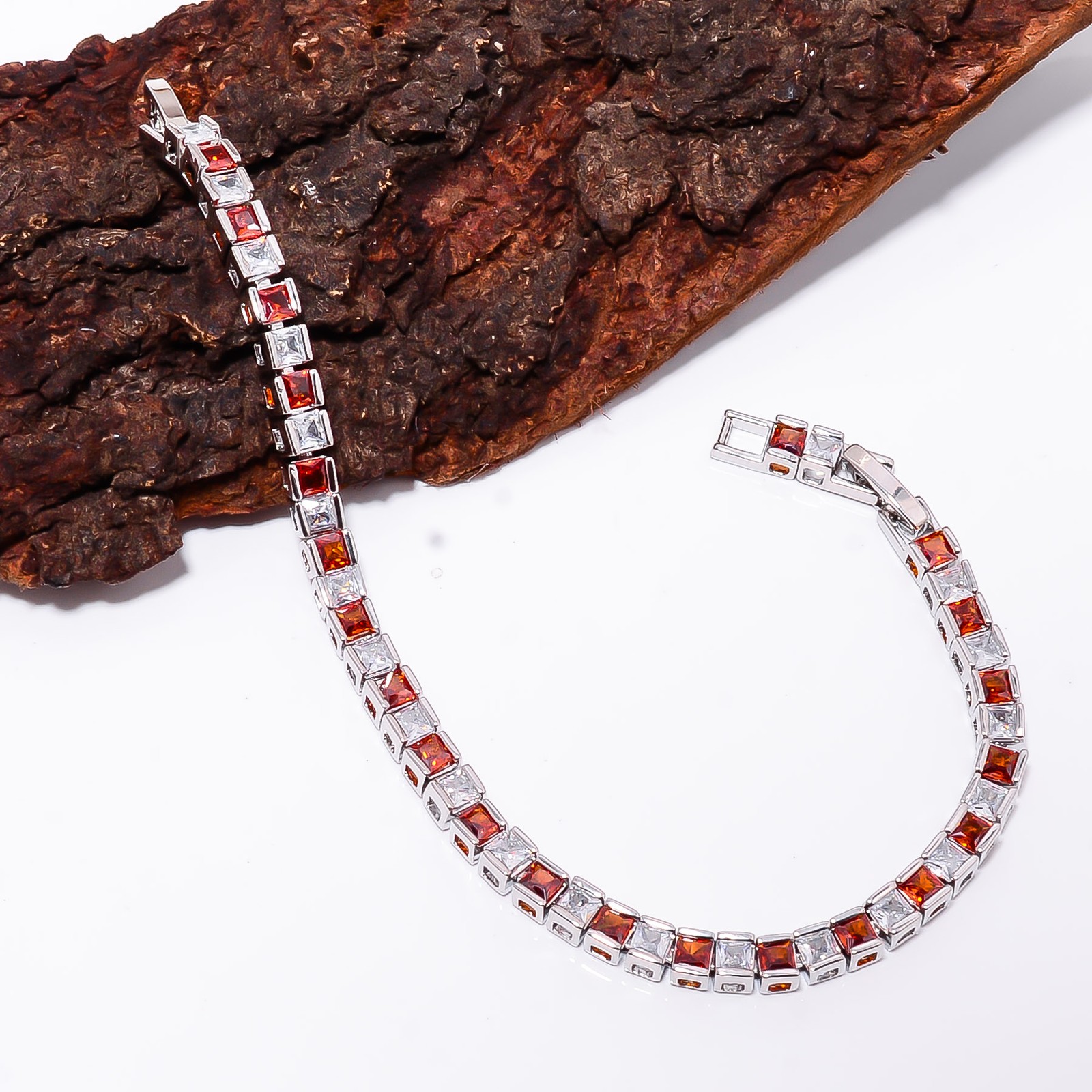 Red Garnet, CZ 925 Sterling Silver Adjustable Bracelet 7-8″ B13004