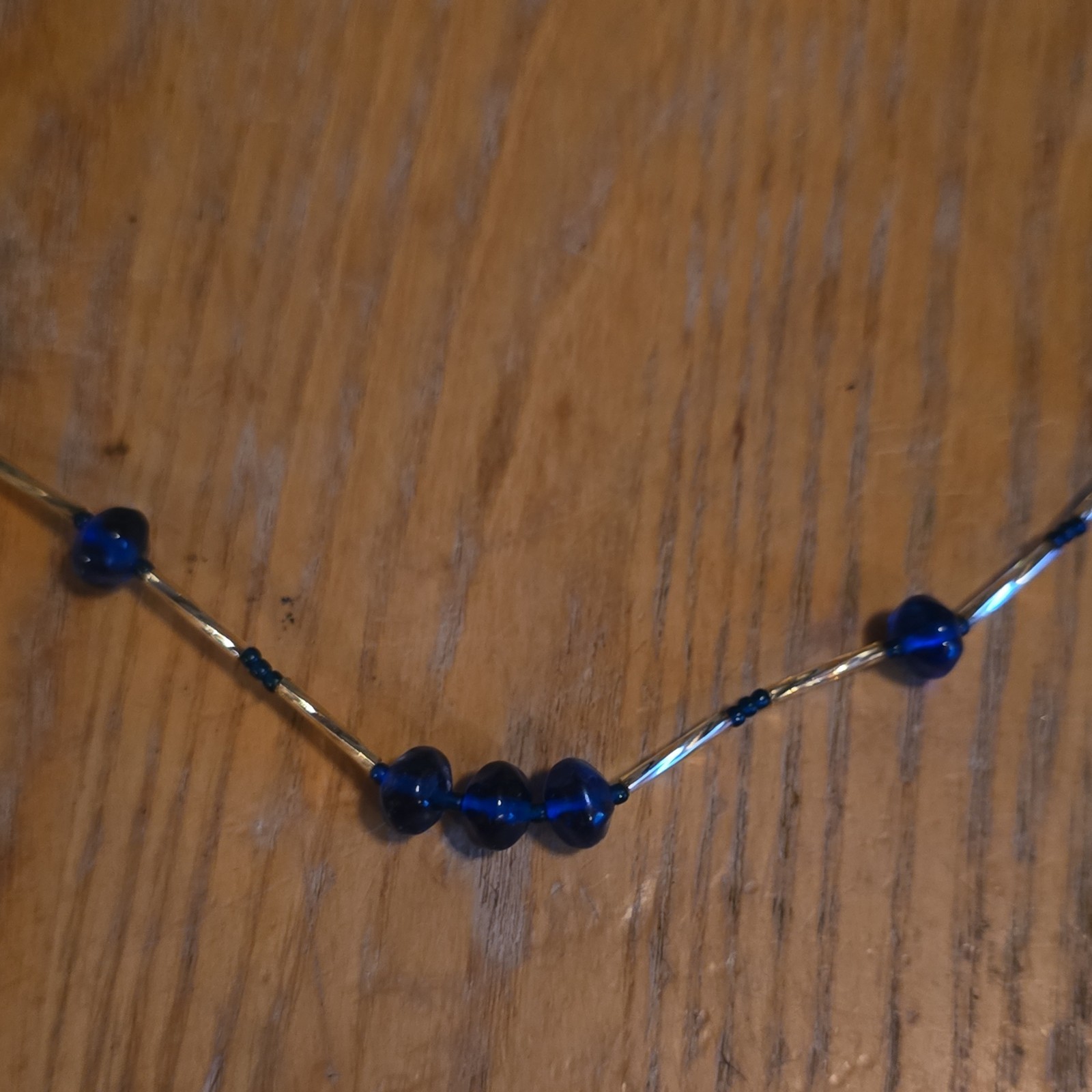 Blue Round Glass Beaded Station Necklace Gold-Tone Metal Bead Chain Lobster