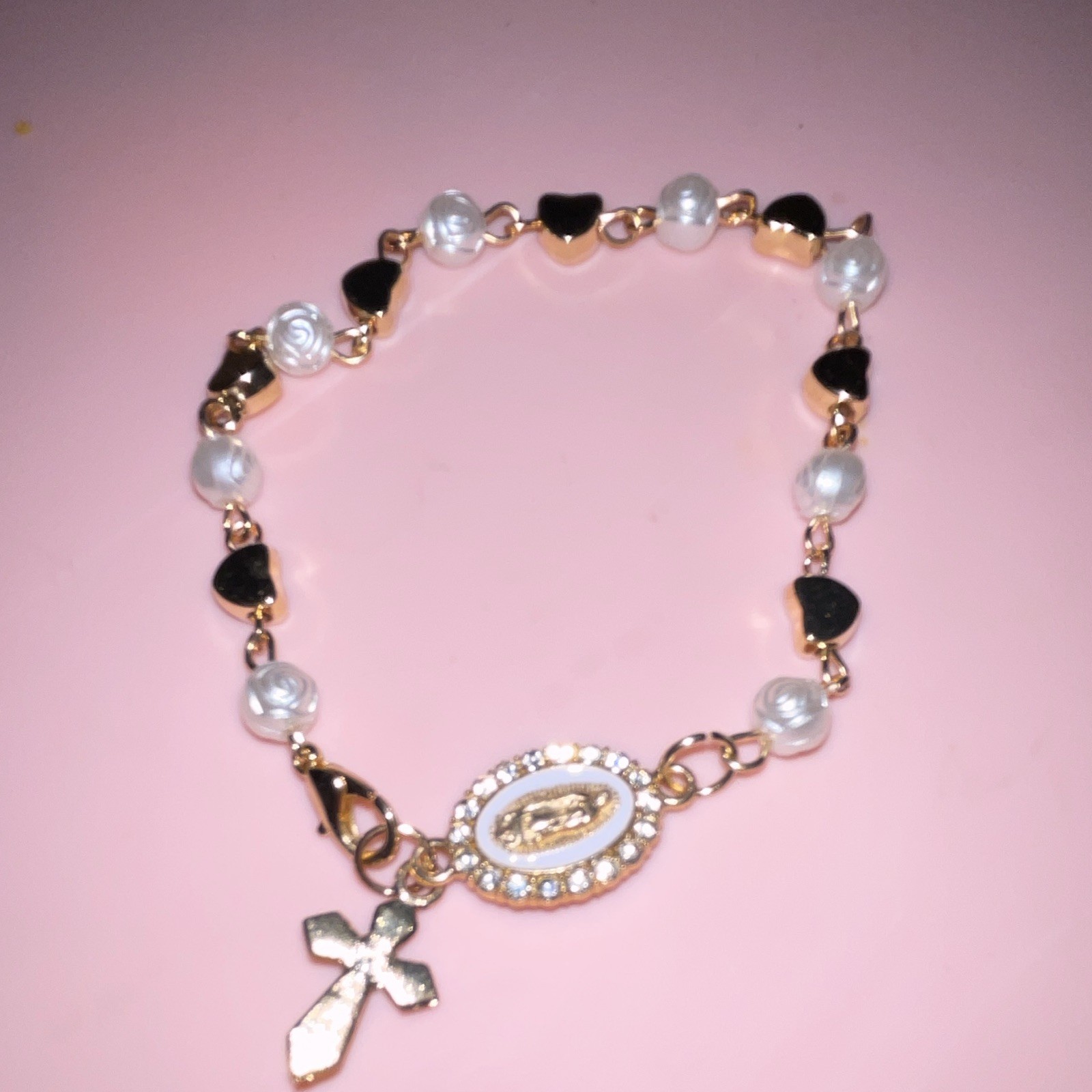 Gold Tone Beaded Charm Bracelet w/ Cross Dangle, Lobster Clasp, 8 in
