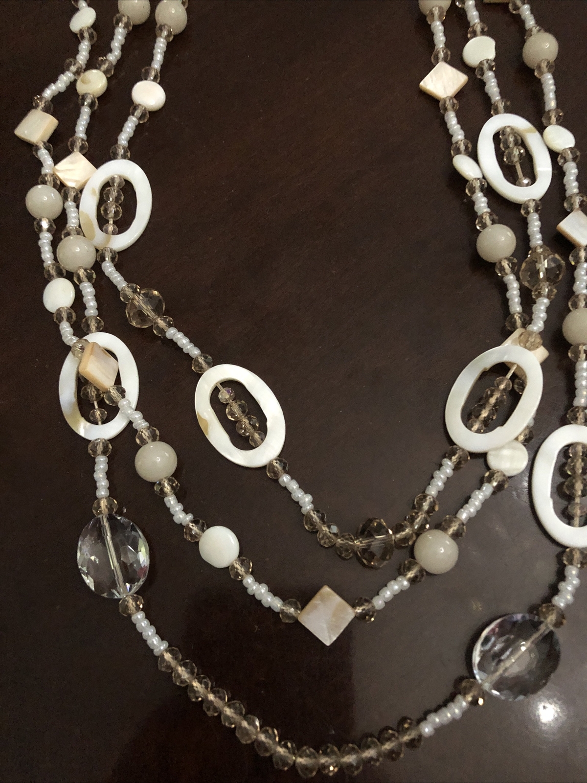 Women’s Necklace 28” White Champagne Beaded Shell Double Strand Silver Tone 28”