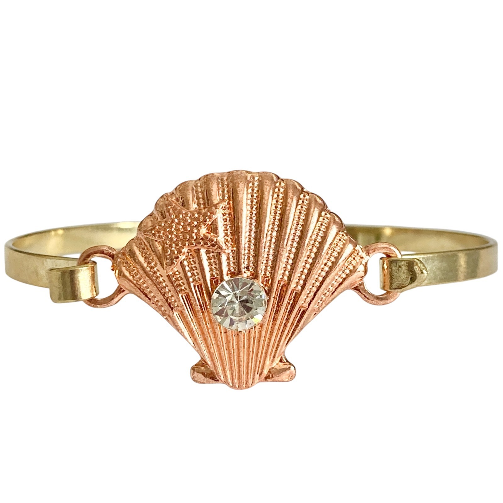 Scallop Sea Shell Bracelet Bangle Nautical Island Beach 7.5″ Gold Plated Crystal