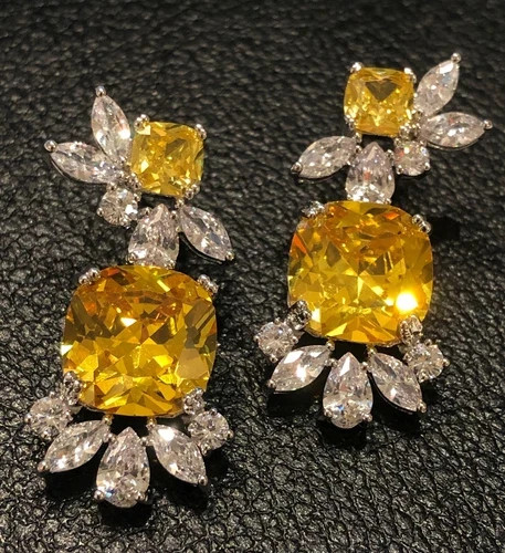 18K White Gold Filled 6CTW Yellow Citrine Gemstone Drop Earrings Christmas Gift