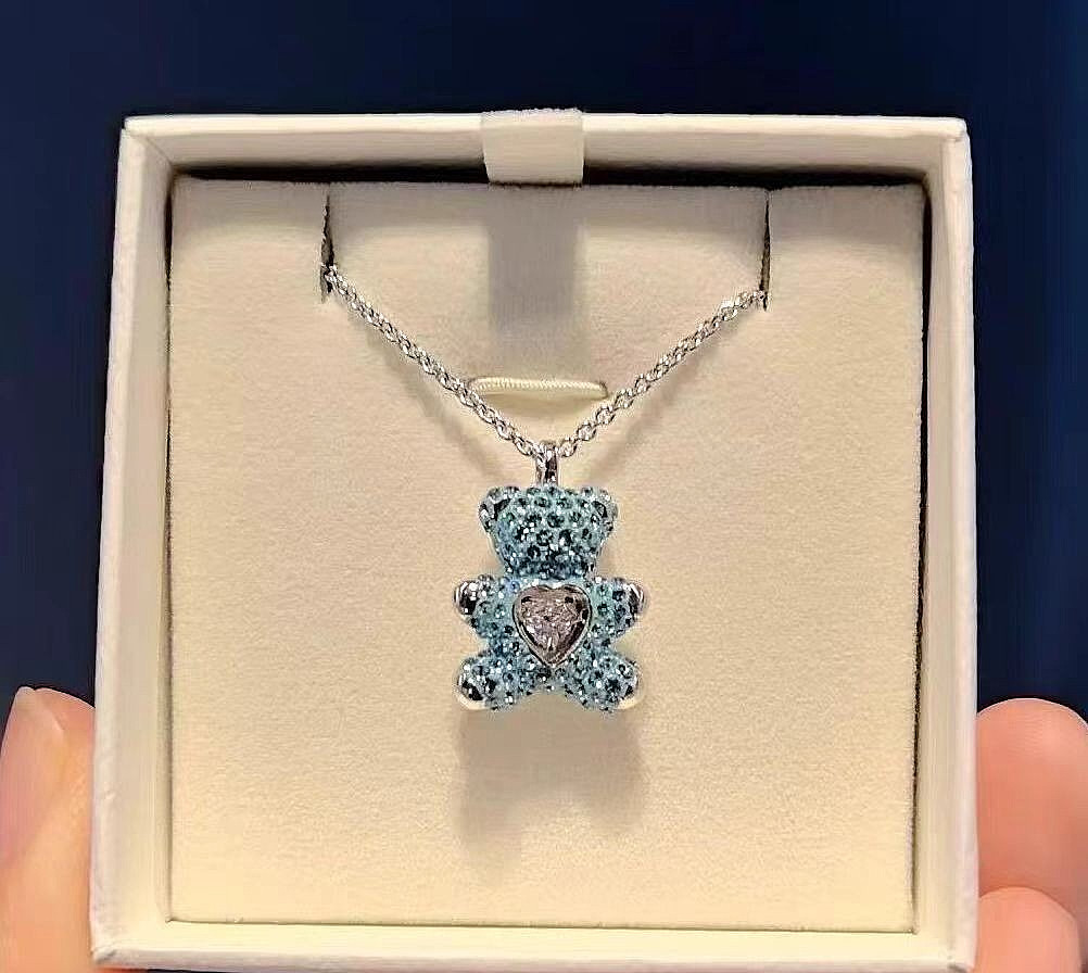 Swarovski Teddy Zircon Pendant Blue Teddy Bear Necklace Heart-Shaped Crystal