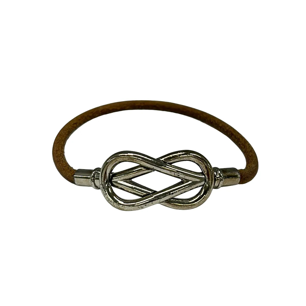 HERMES Atame Brown Silver Leather Hardware None Bracelet
