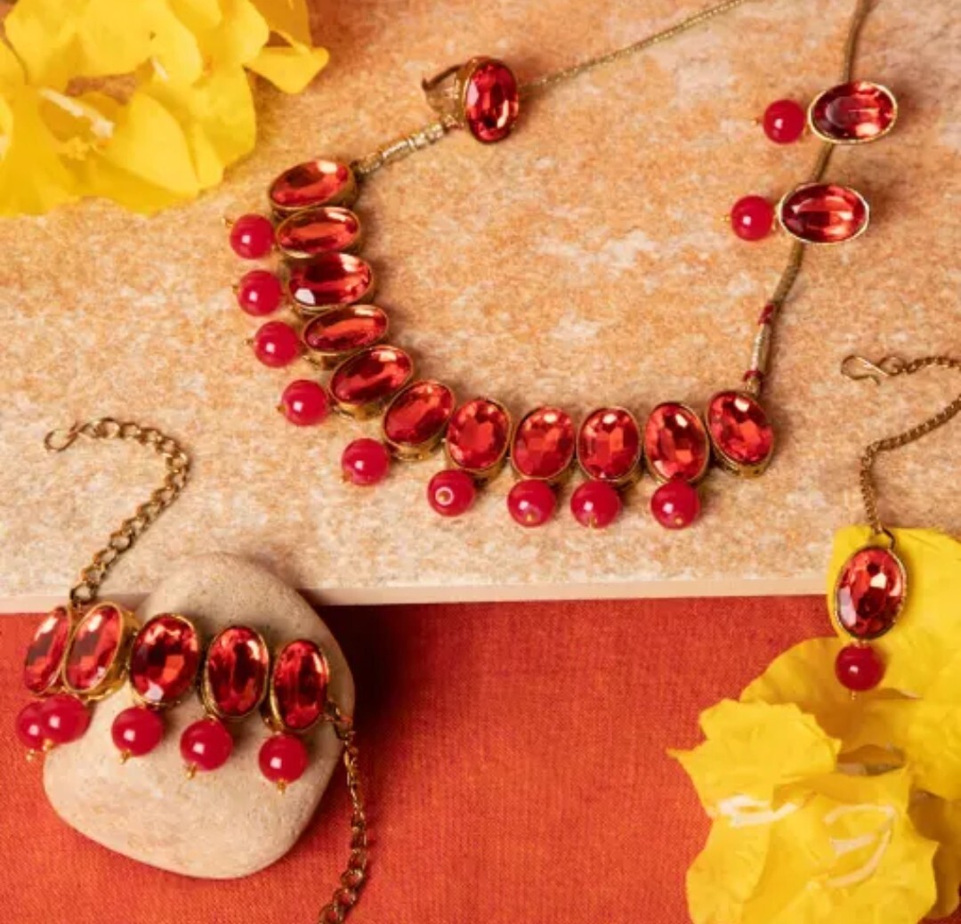 Exclusive Combo Of Red Choker Necklace With Designer Earrings, Bracelet, Ring.