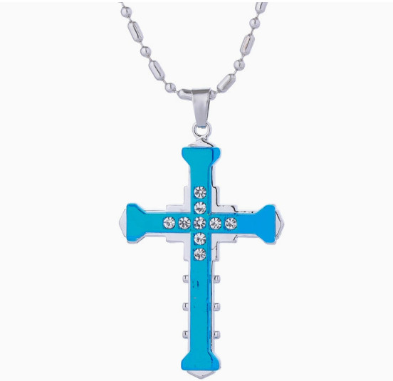 Silver Black Double Layer Cross Pendant Necklace Christian Jewelry Box Chain 24″