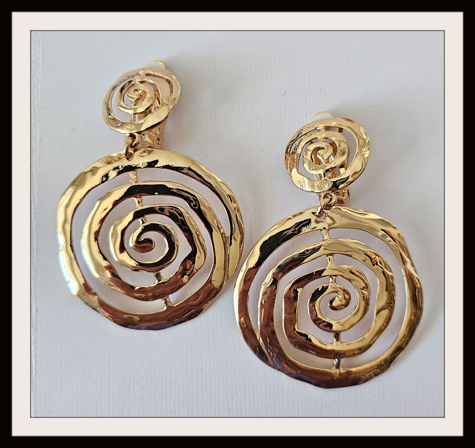 Large Hammered Multi Round Hoop CLIP ON Earrings Dangle Gold Plated