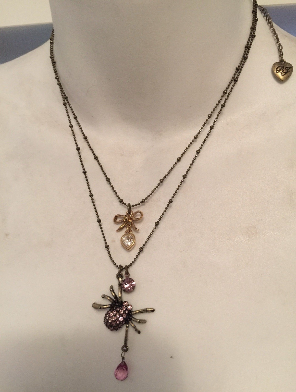 Gold Tone Layered Cable Chain Necklace Butterfly Pendant Pink Crystal Spider