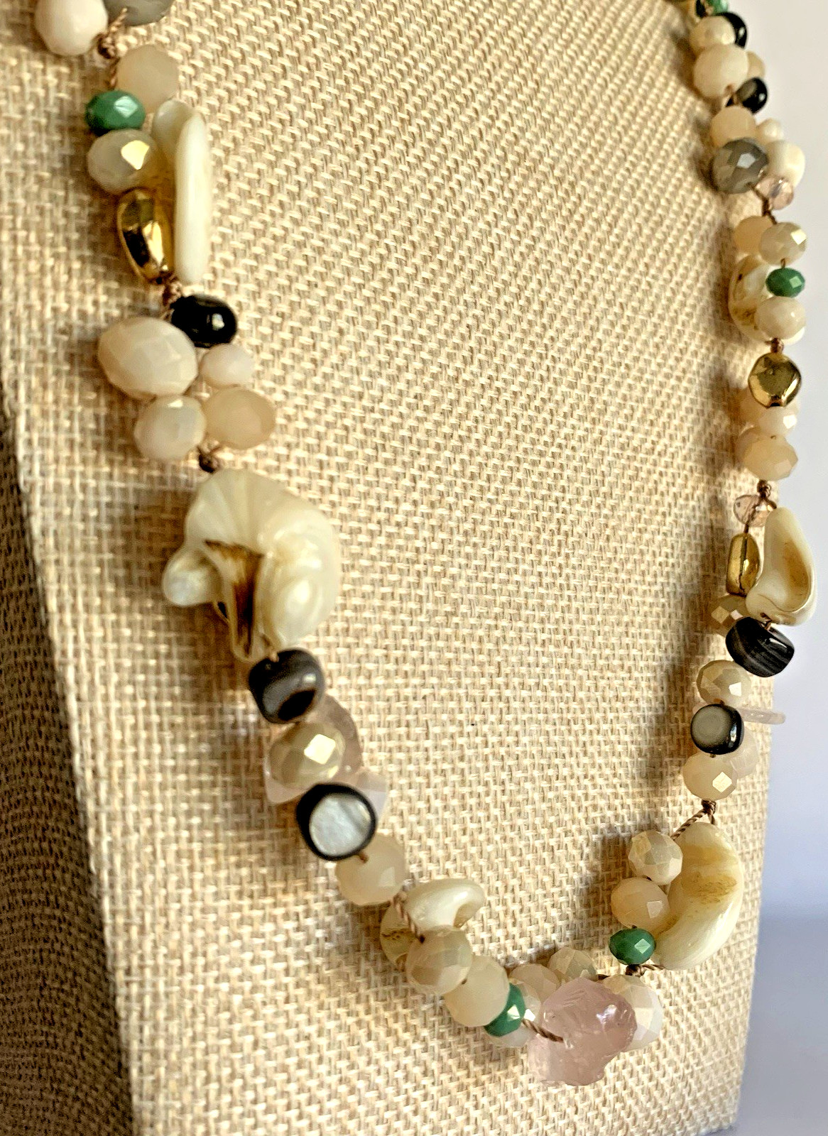 Mixed Metal Necklace Stone Shell & Acrylic Beaded Gold Tone Chain