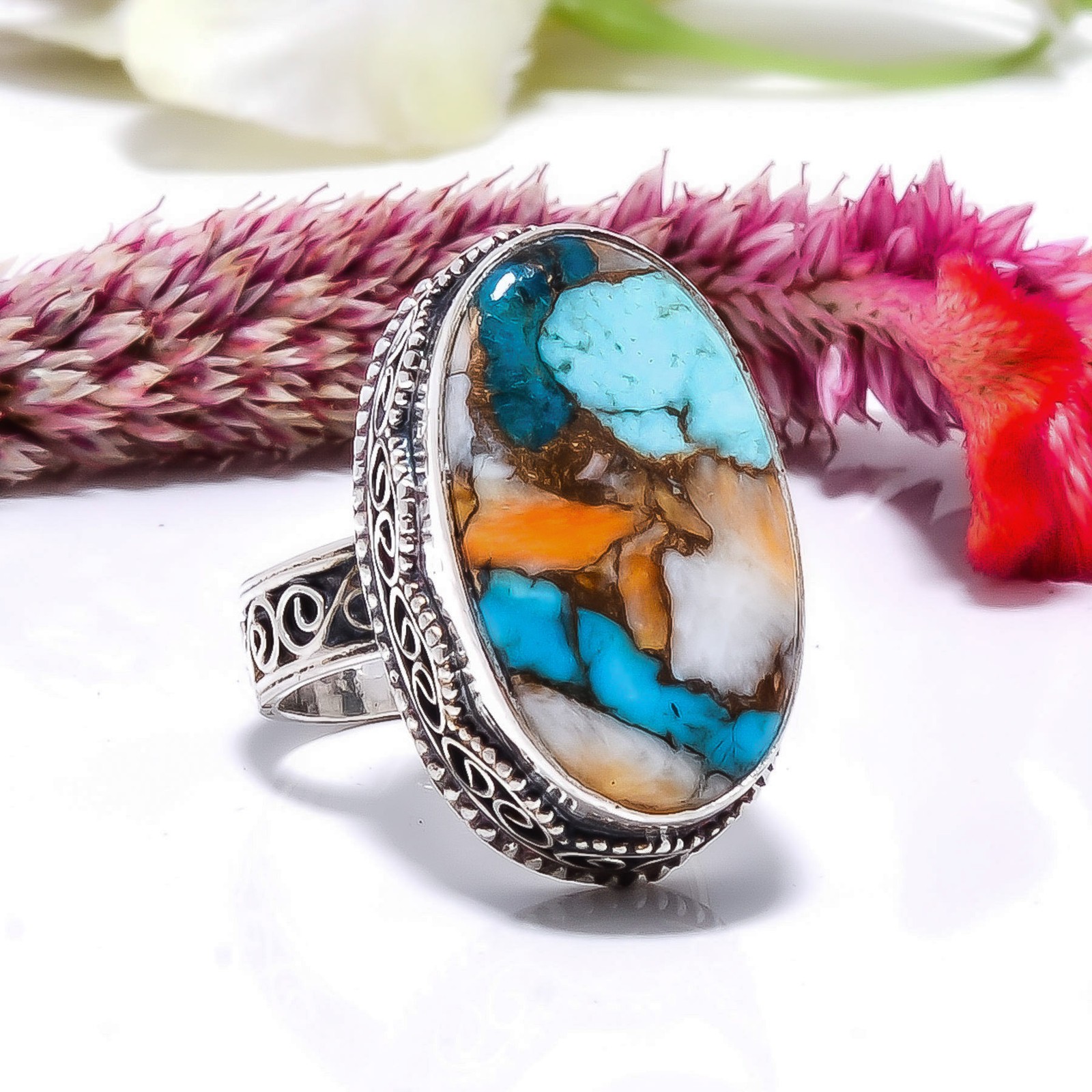 Copper Spiny Oyster Arizona Turquoise fine Art 925 Sterling Silver Ring S.9 R143