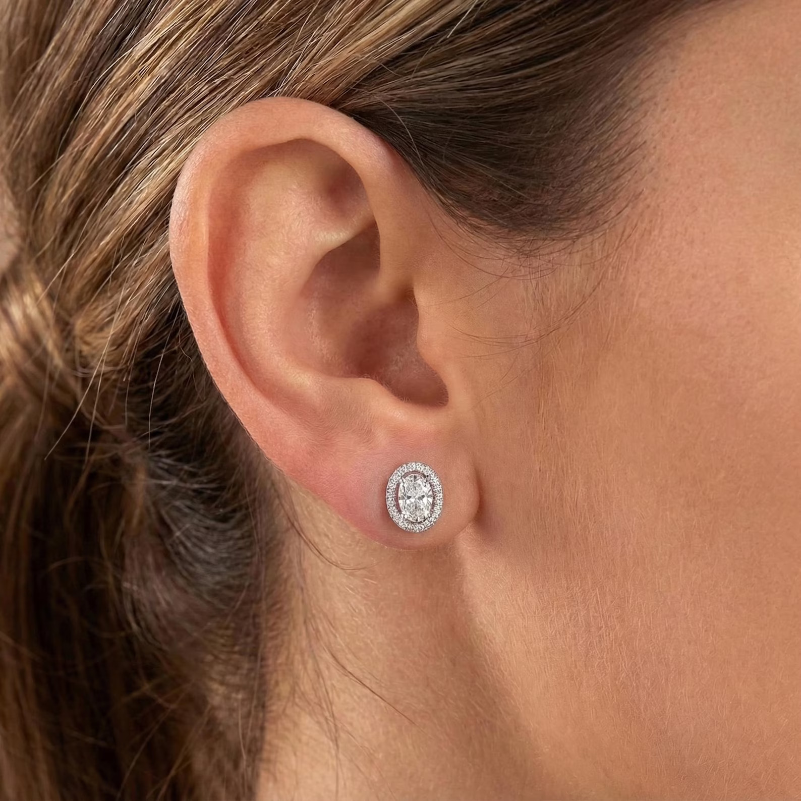 2.23Ct Oval Cut Simulated Diamond Women Halo Stud Earrings 14k White Gold Plated