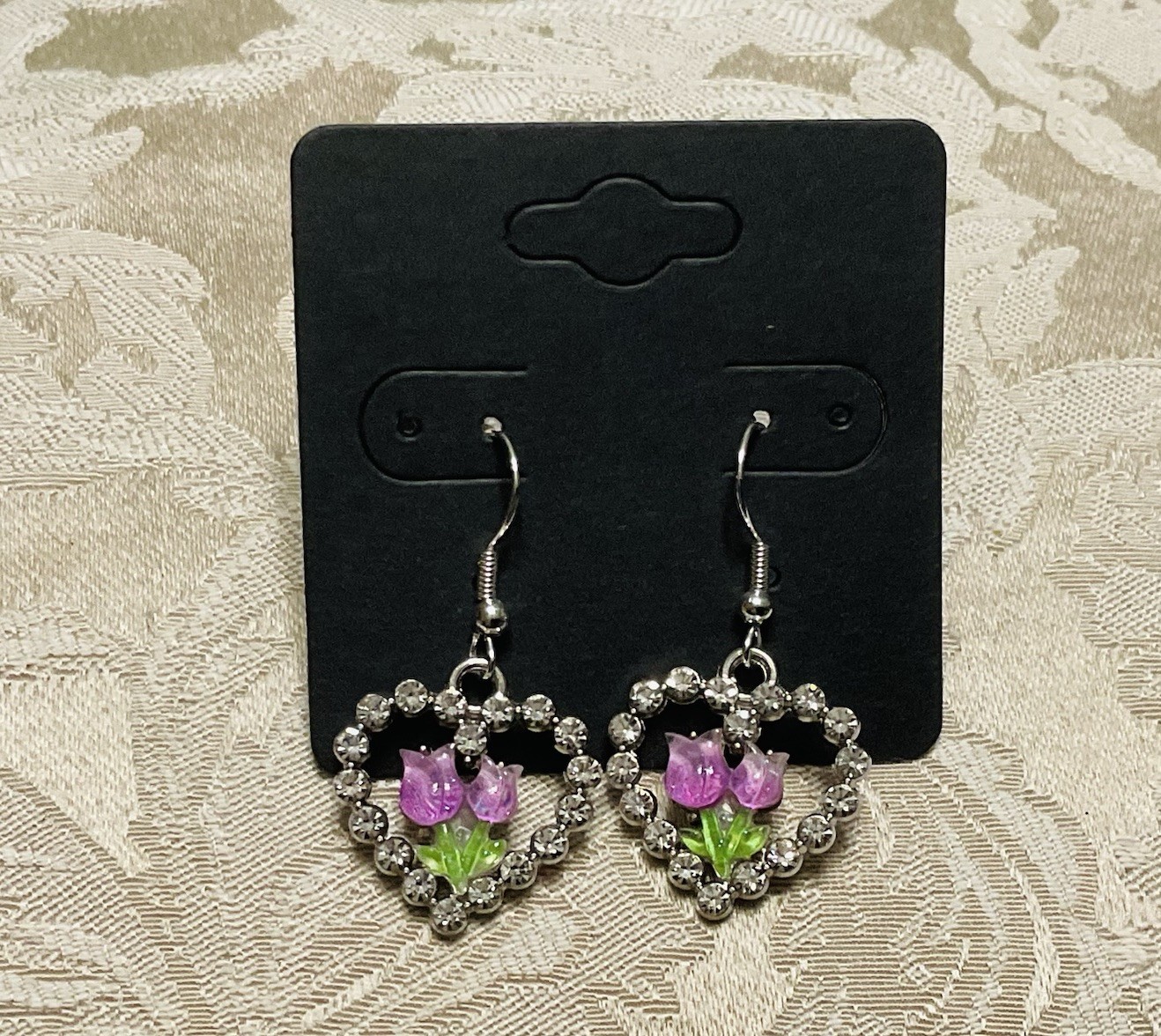 Vintage Gem Floral Heart Silver Enamel Drop Dangle Bohemian Trendy Earring Set