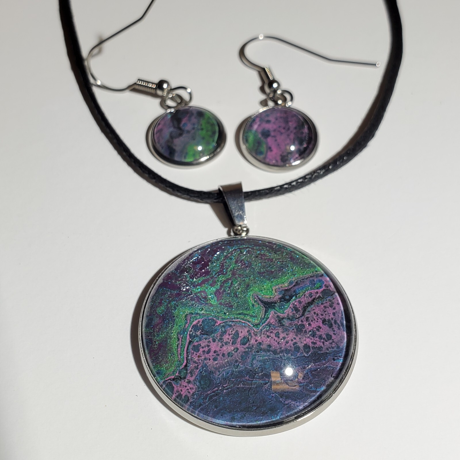 Necklace and Earrings Set, Acrylic Paint Pour Painting Jewelry, A14
