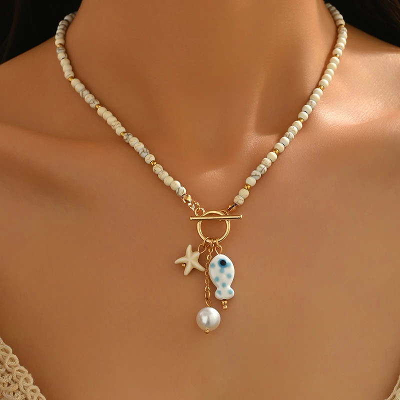 Bohemia Colorful Ceramic Fish Pendant Beaded Pearl Starfish Necklace Women