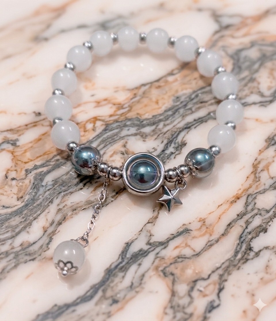 Moonstone Crystal Beaded Bracelet Silver Star Charm Elastic Healing Jewelry Gift