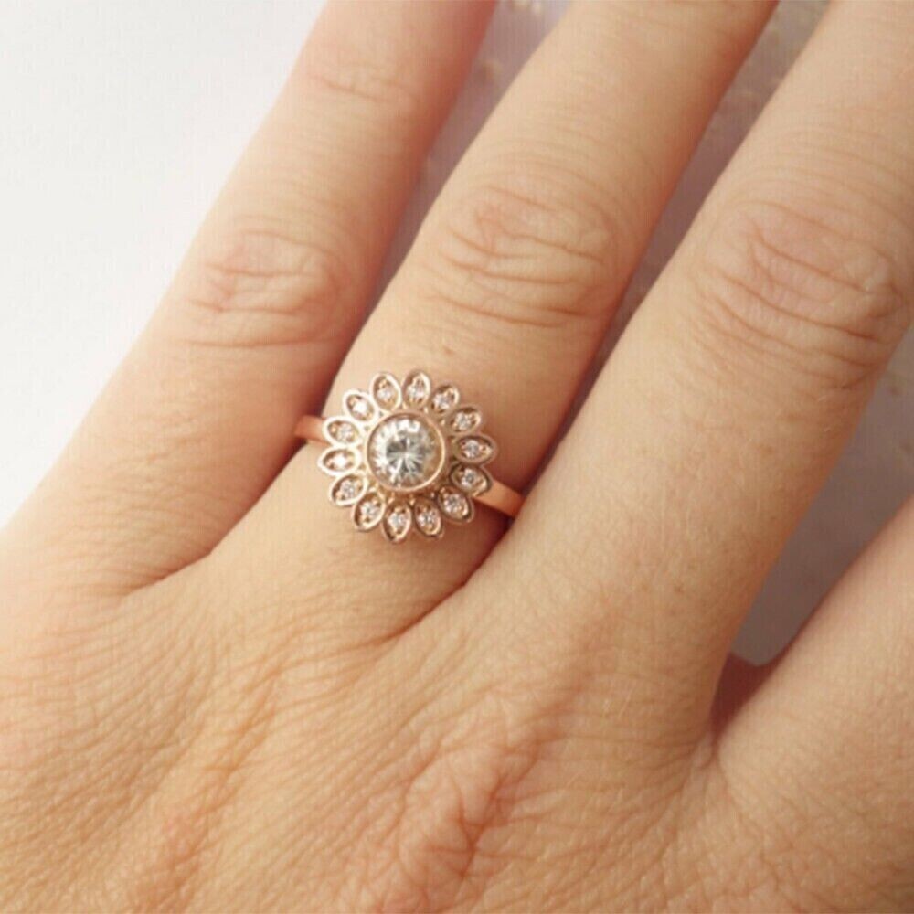2.00 Ct Round Cut Simulated Diamond Engagement Flower Ring 14K Rose Gold Plated
