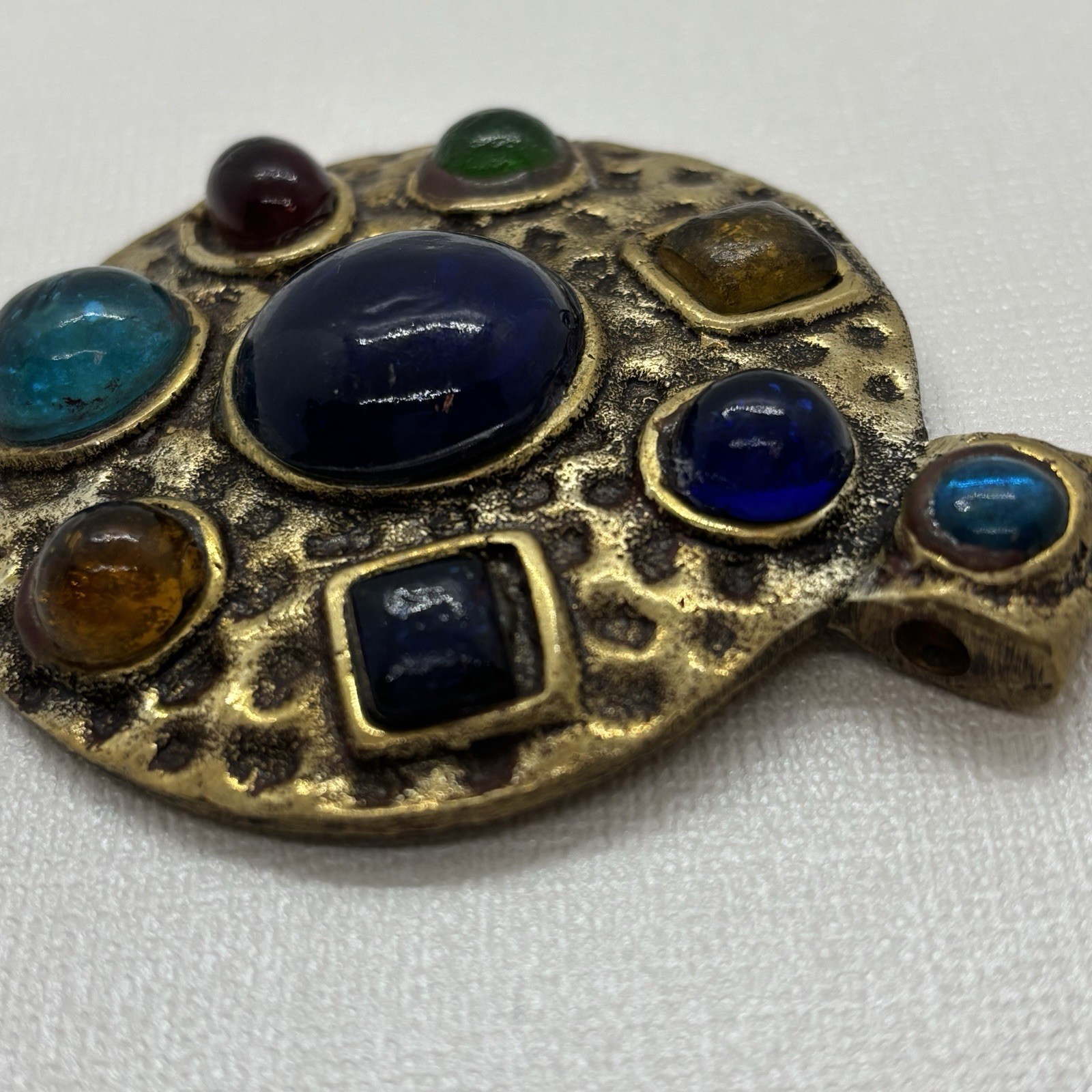 Multi Stone Cabochon Round Pendant Hammered Brass Metal Artisan Boho