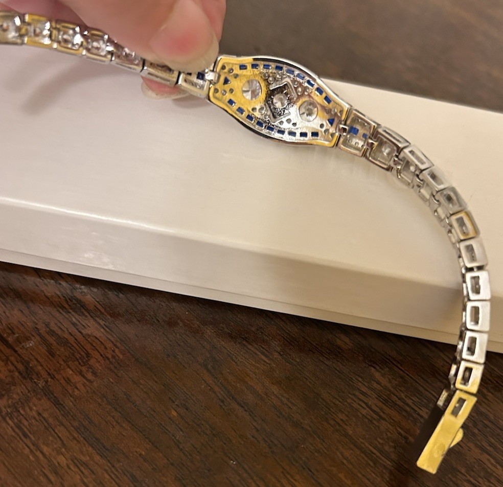 Silver Sapphire Blue CZ & Diamond CZ Art Deco Art Nouveau Inspired Bracelet NWT