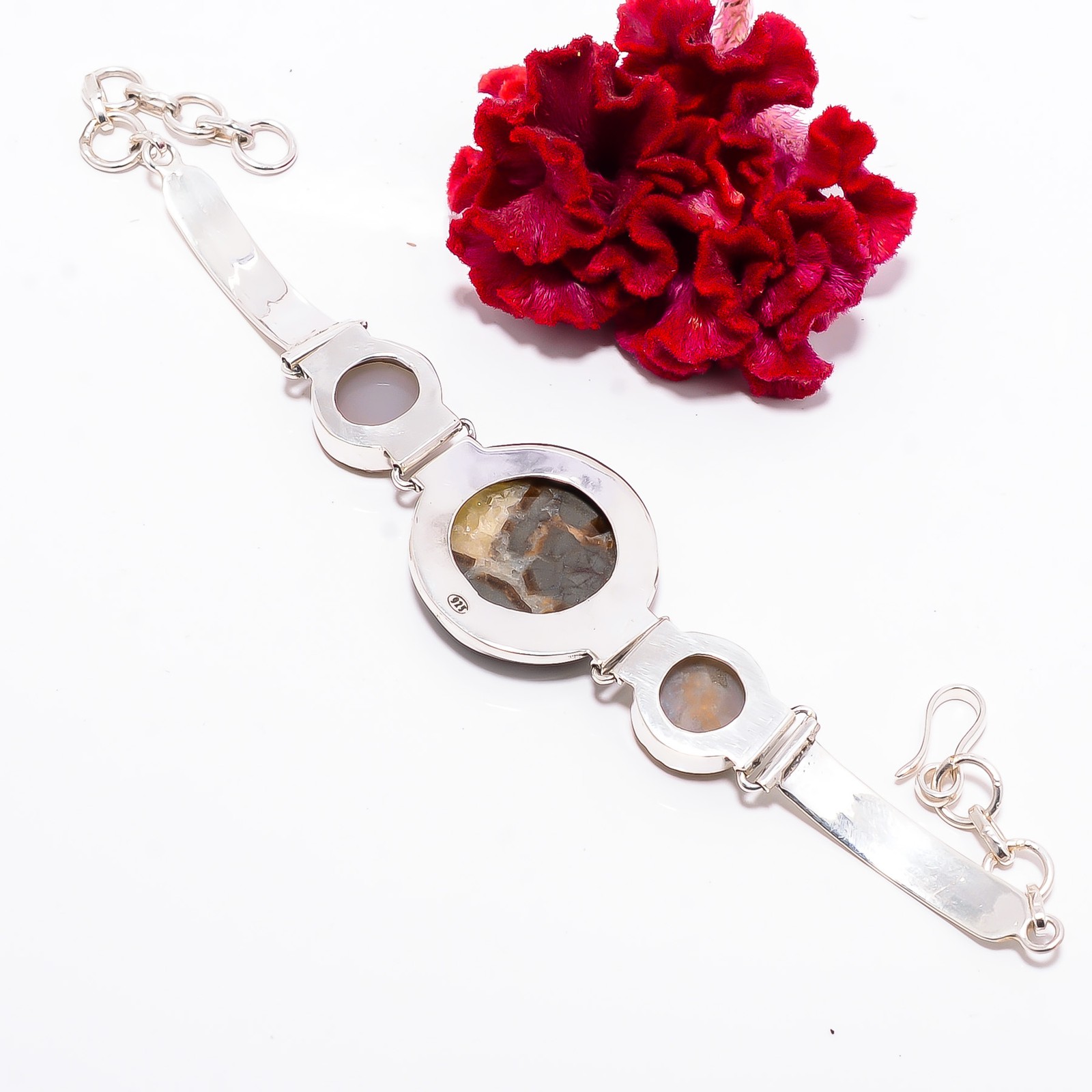 Septarian Stone & Golden Titanium Agate Drusy 925 Silver Bracelet 7.99″ B1001093