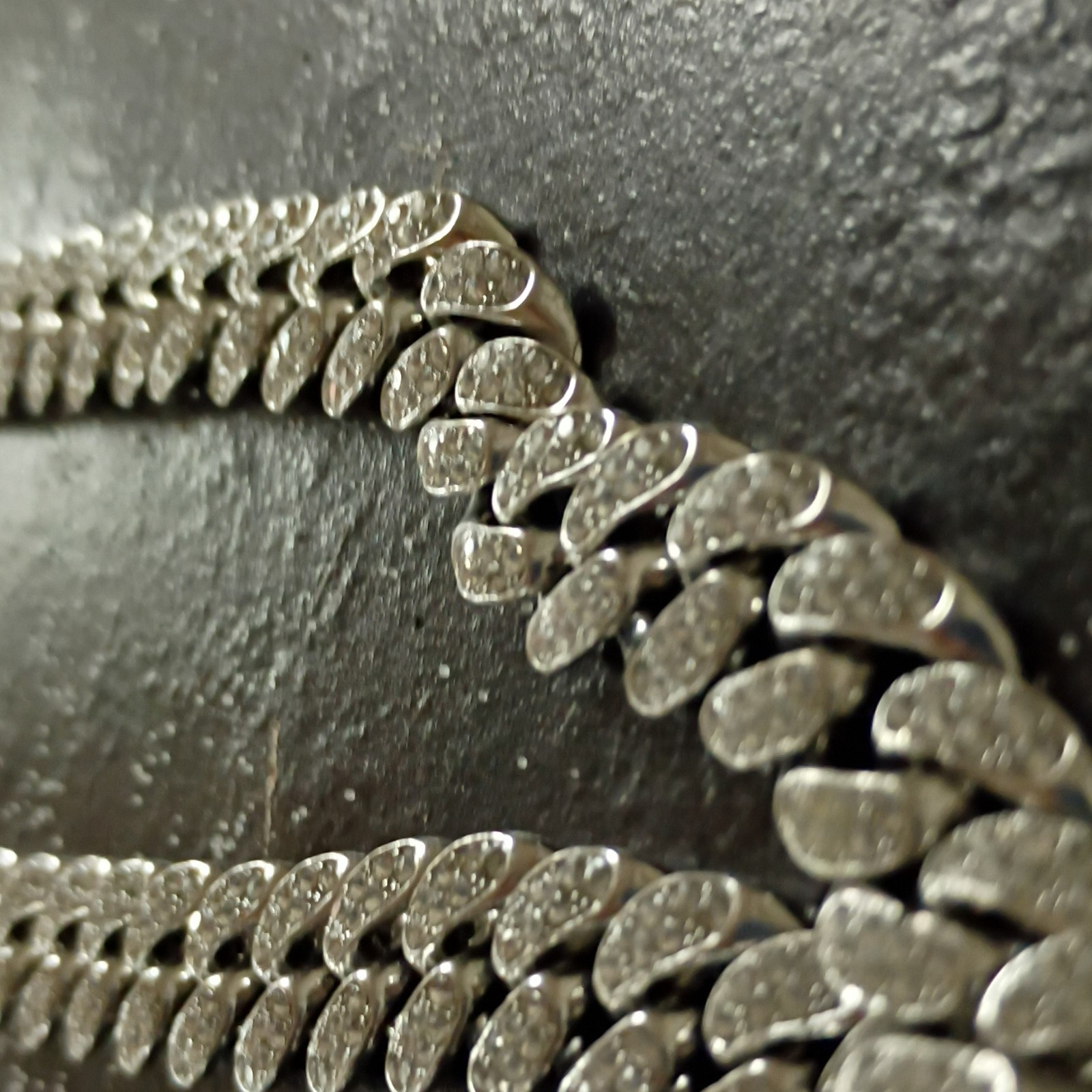 Silver-Tone Cuban Link Chain Necklace Clear Pavé Rhinestones Box Clasp